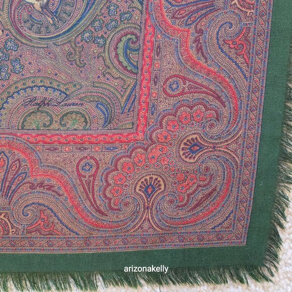 Vintage Ralph Lauren LARGE Wool Square Scarf Shawl Wrap Equestrian Hunting Dogs - Picture 9 of 16